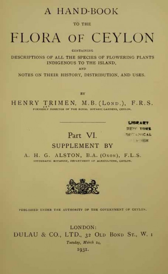A Hand-book to the Flora of Ceylon - Part vi